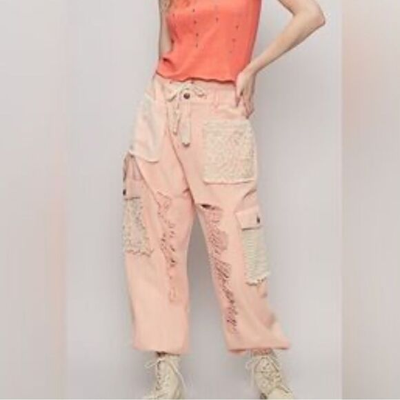 POL Pink Haze Distressed Crochet Denim Jogger Pants NWOT - Picture 2 of 5